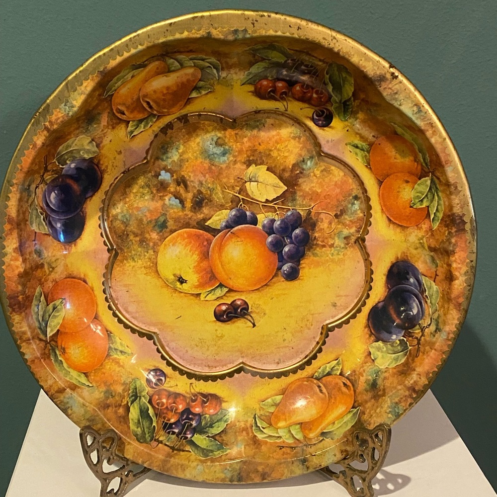 Daher England Bowl Serving Fruit Decorated Ware Tin Floral Brown Orange Vtg 1971
